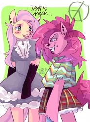 Size: 1519x2048 | Tagged: safe, artist:dmitrymemovznok, imported from derpibooru, fluttershy, pinkie pie, anthro, arm hooves, blushing, clothes, cross, dress, duo, ear piercing, female, inverted cross, lip piercing, nose piercing, piercing, skirt, smiling, text