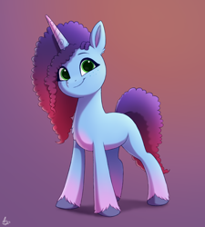 Size: 1800x2000 | Tagged: safe, artist:luminousdazzle, imported from derpibooru, pony, unicorn, spoiler:g5, alternate color palette, alternate design, alternate hair color, cornrows, curly mane, cute, female, freckles, g5, gradient background, gradient hooves, gradient mane, green eyes, looking at you, mare, misty brightdawn, mistybetes, my little pony: make your mark, smiling, solo, unshorn fetlocks