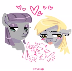 Size: 2048x2033 | Tagged: safe, artist:dmitrymemovznok, imported from derpibooru, derpy hooves, maud pie, earth pony, pegasus, pony, blushing, derpmaud, duo, female, heart, kissing, lesbian, rarepair, shipping, simple background, white background