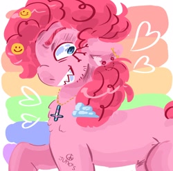 Size: 2048x2033 | Tagged: safe, artist:dmitrymemovznok, imported from derpibooru, pinkie pie, earth pony, pony, cross, heart, inverted cross, piercing, pride, pride flag, sharp teeth, smiley face, smiling, solo, teeth, transgender, transgender pride flag
