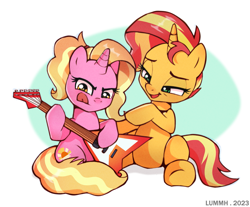 Size: 2545x2106 | Tagged: safe, artist:lummh, imported from derpibooru, luster dawn, sunset shimmer, pony, unicorn, aunt and niece, duo, duo female, female, guitar, high res, hoof hold, implied sunny siblings, luster dawn is starlight's and sunburst's daughter, mare, musical instrument, open mouth, parent:starlight glimmer, parent:sunburst, parents:starburst, signature, sitting, tongue out
