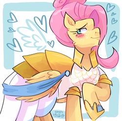 Size: 2048x2033 | Tagged: safe, artist:dmitrymemovznok, imported from derpibooru, fluttershy, pegasus, pony, clothes, heart, smiling, smirk, solo