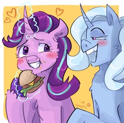 Size: 2048x2033 | Tagged: safe, artist:dmitrymemovznok, imported from derpibooru, starlight glimmer, trixie, pony, unicorn, blushing, burger, duo, female, food, heart, lesbian, magic, shipping, startrix