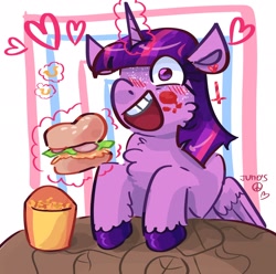 Size: 2048x2033 | Tagged: safe, artist:dmitrymemovznok, imported from derpibooru, twilight sparkle, alicorn, pony, burger, food, glowing, glowing horn, heart, horn, magic, magic aura, smiling, solo, telekinesis, that pony sure does love burgers, twilight burgkle, twilight sparkle (alicorn)