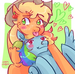 Size: 2048x2033 | Tagged: safe, artist:dmitrymemovznok, imported from derpibooru, applejack, rainbow dash, earth pony, pegasus, pony, :p, appledash, blushing, duo, female, heart, lesbian, lying down, shipping, smiling, tongue out