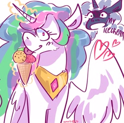 Size: 2048x2033 | Tagged: safe, artist:dmitrymemovznok, imported from derpibooru, princess celestia, princess luna, alicorn, pony, :p, duo, food, frown, heart, ice cream, ice cream cone, licking, magic, solo focus, spread wings, text, tongue out, wings