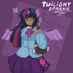 Size: 2048x2048 | Tagged: safe, artist:stanleyiffer, imported from derpibooru, twilight sparkle, alicorn, human, glasses, horn, horned humanization, humanized, satchel, solo, spread wings, twilight sparkle (alicorn), winged humanization, wings