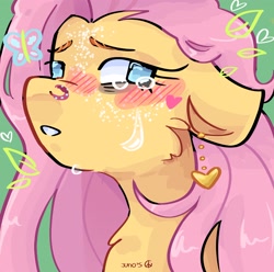 Size: 2048x2033 | Tagged: safe, artist:dmitrymemovznok, imported from derpibooru, fluttershy, pegasus, pony, aside glance, blushing, bust, cheek fluff, crying, ear piercing, earring, female, floppy ears, heart, high res, jewelry, looking at you, mare, no pupils, nose piercing, piercing, portrait, solo, teary eyes, three quarter view