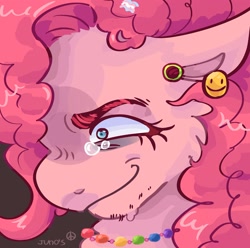 Size: 2048x2033 | Tagged: safe, artist:dmitrymemovznok, imported from derpibooru, pinkie pie, earth pony, pony, angry, crying, piercing, smiley face, solo