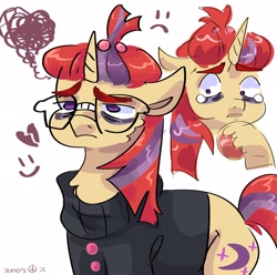 Size: 2048x2033 | Tagged: safe, artist:dmitrymemovznok, imported from derpibooru, moondancer, pony, unicorn, bags under eyes, clothes, floppy ears, glasses, sad, solo, teary eyes