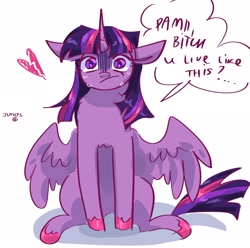 Size: 2048x2033 | Tagged: safe, artist:dmitrymemovznok, imported from derpibooru, twilight sparkle, alicorn, pony, frown, simple background, sitting, solo, text, twilight sparkle (alicorn), vulgar, white background