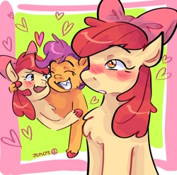 Size: 2048x2033 | Tagged: safe, artist:dmitrymemovznok, imported from derpibooru, apple bloom, scootaloo, sweetie belle, earth pony, pegasus, pony, unicorn, blushing, chest fluff, cutie mark crusaders, female, heart, lesbian, scootabloom, shipping, smiling, trio