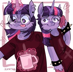 Size: 2048x2033 | Tagged: safe, artist:dmitrymemovznok, imported from derpibooru, twilight sparkle, anthro, unicorn, arm hooves, clothes, ear piercing, fluffy, glasses, heart, horn, magic, mug, piercing, round glasses, shirt, solo, spiked wristband, t-shirt, telekinesis, tongue out, wristband