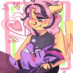 Size: 2048x2033 | Tagged: safe, artist:dmitrymemovznok, imported from derpibooru, fluttershy, twilight sparkle, anthro, pegasus, unicorn, arm hooves, blushing, choker, clothes, duo, ear piercing, emo, female, glasses, heart, lesbian, nose piercing, piercing, pride, pride flag, round glasses, shipping, smiling, transgender pride flag, twishy