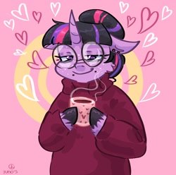 Size: 2048x2033 | Tagged: safe, artist:dmitrymemovznok, imported from derpibooru, twilight sparkle, anthro, unicorn, arm hooves, clothes, floppy ears, glasses, heart, mug, piercing, round glasses, solo, sweater