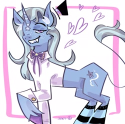 Size: 2048x2033 | Tagged: safe, artist:dmitrymemovznok, imported from derpibooru, trixie, pony, unicorn, clothes, heart, leonine tail, smiling, smirk, socks, solo, tail, teeth