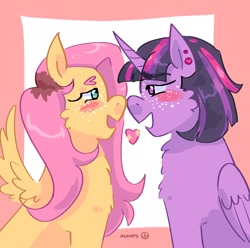 Size: 2048x2033 | Tagged: safe, artist:dmitrymemovznok, imported from derpibooru, fluttershy, twilight sparkle, alicorn, pegasus, pony, unicorn, blushing, chest fluff, duo, ear piercing, female, heart, lesbian, piercing, shipping, twilight sparkle (alicorn), twishy