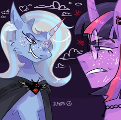 Size: 2048x2033 | Tagged: safe, artist:dmitrymemovznok, imported from derpibooru, trixie, twilight sparkle, pony, unicorn, alicorn amulet, choker, duo, ear piercing, fangs, glasses, heart, piercing, round glasses, smiling, smirk, sweat, teeth, unicorn twilight