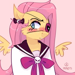 Size: 2048x2033 | Tagged: safe, artist:dmitrymemovznok, imported from derpibooru, fluttershy, anthro, pegasus, blushing, clothes, eyepatch, simple background, solo