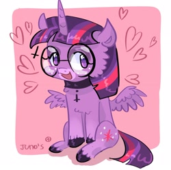 Size: 2048x2033 | Tagged: safe, artist:dmitrymemovznok, imported from derpibooru, twilight sparkle, alicorn, pony, choker, glasses, heart, round glasses, sitting, solo, twilight sparkle (alicorn)