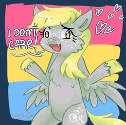 Size: 2048x2033 | Tagged: safe, artist:dmitrymemovznok, imported from derpibooru, derpy hooves, pegasus, pony, chest fluff, heart, pansexual, pansexual pride flag, pride, pride flag, solo, text, unshorn fetlocks