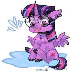 Size: 2048x2033 | Tagged: safe, artist:dmitrymemovznok, imported from derpibooru, twilight sparkle, alicorn, pony, chest fluff, choker, fluffy, glasses, heart, round glasses, simple background, sitting, solo, twilight sparkle (alicorn), unshorn fetlocks, white background