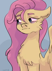 Size: 1519x2048 | Tagged: safe, artist:dmitrymemovznok, imported from derpibooru, fluttershy, pegasus, pony, bags under eyes, bust, chest fluff, female, floppy ears, looking away, looking sideways, mare, partially open wings, sitting, solo, stray strand, three quarter view, tired, wings