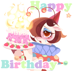 Size: 2080x2034 | Tagged: safe, artist:frowoppy, imported from derpibooru, oc, oc only, oc:illui, oc:illuilux, earth pony, birthday, birthday cake, birthday gift, brown eyes, brown mane, cake, clown, clown makeup, comic sans, cute, cute little fangs, earth, earth pony oc, fangs, food, g3, hat, makeup, party, party hat, pony party, safety, safety pin, solo, solo focus, strawberry