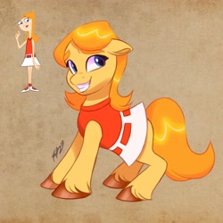 Size: 3508x3508 | Tagged: safe, artist:artharuhi, imported from derpibooru, earth pony, human, pony, candace flynn, clothes, crossover, floppy ears, grin, phineas and ferb, ponified, shirt, skirt, smiling, solo, unshorn fetlocks