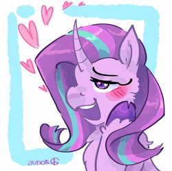 Size: 2048x2033 | Tagged: safe, artist:dmitrymemovznok, imported from derpibooru, starlight glimmer, pony, unicorn, blushing, chest fluff, heart, hoof on cheek, lidded eyes, open mouth, open smile, smiling, solo