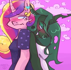 Size: 2048x2033 | Tagged: safe, artist:dmitrymemovznok, imported from derpibooru, princess cadance, queen chrysalis, alicorn, anthro, changeling, back to back, blushing, cadalis, clothes, duo, fangs, female, infidelity, lesbian, nose piercing, nose ring, piercing, shipping, smiling