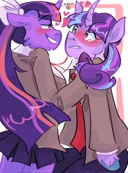 Size: 1519x2048 | Tagged: safe, artist:dmitrymemovznok, imported from derpibooru, starlight glimmer, twilight sparkle, anthro, unicorn, arm hooves, blushing, clothes, doki doki literature club, duo, female, heart, lesbian, shipping, smiling, twilight monika, twistarlight