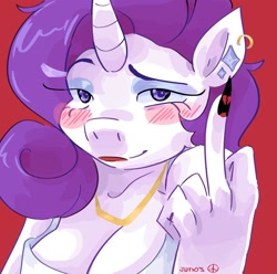 Size: 1024x1016 | Tagged: safe, artist:dmitrymemovznok, imported from derpibooru, rarity, anthro, unicorn, blushing, breasts, bust, cleavage, ear piercing, female, fingernails, heartbreak, looking at you, middle finger, piercing, red background, simple background, solo, vulgar