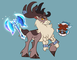 Size: 2200x1720 | Tagged: safe, artist:nonameorous, imported from derpibooru, deer, reindeer, winter sprite, them's fightin' herds, antlers, axe, battle axe, belt, blue background, braid, cloven hooves, community related, duo, eyebrows, facial hair, horn, horn jewelry, ice, jewelry, looking at you, magic, male, moustache, no pupils, simple background, snow, stronghoof hoofstrong (tfh), telekinesis, vetr (tfh), weapon
