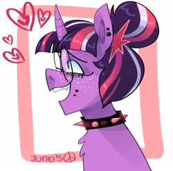 Size: 2048x2033 | Tagged: safe, artist:dmitrymemovznok, imported from derpibooru, twilight sparkle, pony, unicorn, alternate hairstyle, chest fluff, collar, glasses, hair bun, heart, piercing, round glasses, smiling, solo, spiked collar