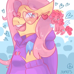 Size: 2048x2033 | Tagged: safe, artist:dmitrymemovznok, imported from derpibooru, fluttershy, pinkie pie, anthro, pony, angel, arm hooves, clothes, duo, glasses, halo, heart, heart shaped glasses, shoulder angel, smiling