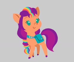 Size: 1598x1336 | Tagged: safe, artist:allisonpopick, imported from derpibooru, part of a set, sunny starscout, earth pony, pony, bag, chibi, female, g5, gray background, mare, saddle bag, simple background, smiling, solo