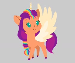 Size: 1598x1336 | Tagged: safe, artist:allisonpopick, imported from derpibooru, part of a set, sunny starscout, alicorn, pony, alicornified, chibi, g5, gray background, race swap, simple background, smiling, solo, sunnycorn