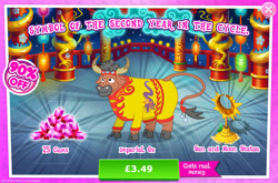 Size: 1954x1293 | Tagged: safe, imported from derpibooru, steven magnet, bull, cow, advertisement, bush, clothes, cloven hooves, costs real money, english, gameloft, gem, horn, lunar new year, mobile game, my little pony: magic princess, numbers, official, ox, sale, solo, solo focus, text, unnamed character, unnamed cow