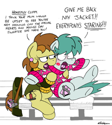 Size: 2360x2628 | Tagged: safe, artist:bobthedalek, imported from derpibooru, oc, oc only, oc:bubble pump, oc:clippy ticket, earth pony, pegasus, pony, comic:trottingham transport, blushing, chair, clothes, embarrassed, female, hearts and hooves day, hug, jacket, kiss mark, lipstick, male, mare, smug, stallion, sweater