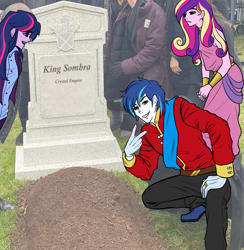 Size: 2057x2111 | Tagged: safe, artist:daazzlin, edit, imported from derpibooru, king sombra, princess cadance, shining armor, twilight sparkle, human, equestria girls, grave, irl, meme, peace sign, photo, ponified meme