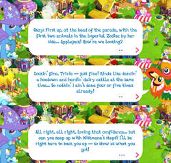 Size: 2048x1946 | Tagged: safe, imported from derpibooru, apple munchies, applejack, celena, royal riff, spike, starlight glimmer, trixie, windstorm, dragon, earth pony, pony, unicorn, apple family member, brooch, cape, clothes, costume, dialogue, dialogue box, english, event, fair way, female, gameloft, hat, implied mistmane, jewelry, lunar new year, mare, my little pony: magic princess, night guard, official, speech bubble, text, trixie's cape, trixie's hat, winged spike, wings
