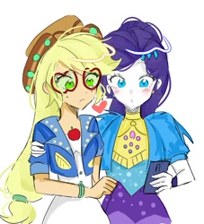 Size: 721x795 | Tagged: safe, artist:rainn__1026, imported from derpibooru, applejack, rarity, human, equestria girls, equestria girls series, spoiler:eqg series (season 2), cellphone, duo, duo female, female, glasses, hat, heart, lesbian, music festival outfit, phone, rarijack, shipping, simple background, smartphone, white background