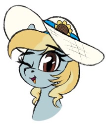 Size: 360x420 | Tagged: safe, artist:seafooddinner, imported from derpibooru, oc, oc only, oc:fair flyer, pegasus, pony, bust, eyebrows, eyebrows visible through hair, female, hat, mare, one eye closed, open mouth, simple background, solo, sun hat, white background