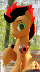 Size: 2160x3840 | Tagged: safe, artist:loveslove, imported from derpibooru, oc, oc only, oc:spot light, earth pony, 3d, :p, blender, coffee, cute, earth pony oc, headphones, looking at you, male, solo, starbucks, tongue out, watermark