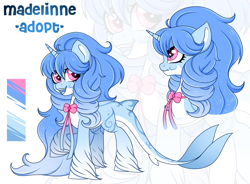 Size: 2450x1800 | Tagged: safe, artist:madelinne, imported from derpibooru, oc, oc only, original species, sea pony, shark, shark pony, unicorn, adoptable, adoption, bow, long hair, solo, zoom layer