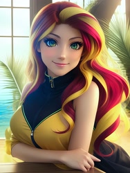 Size: 2040x2720 | Tagged: safe, editor:sammykun, imported from derpibooru, sunset shimmer, human, ai assisted, ai content, beautiful, breasts, busty sunset shimmer, clothes, detailed, female, generator:novelai, generator:stable diffusion, high res, humanized, palm tree, realistic, sleeveless, solo, table, tree, window