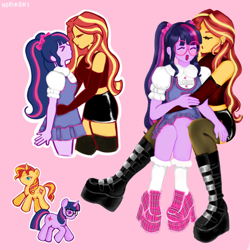 Size: 2048x2048 | Tagged: safe, artist:noriko, imported from derpibooru, sci-twi, sunset shimmer, twilight sparkle, human, pony, unicorn, equestria girls, boots, bow, clothes, dress, duo, equestria girls ponified, eyes closed, female, glasses, hair bow, high heels, humanized, lesbian, mare, open mouth, pink background, plushie, scitwishimmer, shipping, shirt, shoes, signature, simple background, skirt, socks, stockings, sunsetsparkle, thigh highs, unicorn sci-twi