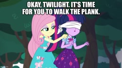 Size: 888x499 | Tagged: safe, edit, edited screencap, imported from derpibooru, screencap, fluttershy, sci-twi, twilight sparkle, equestria girls, equestria girls series, stressed in show, blindfold, caption, image macro, text