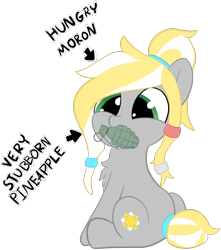 Size: 2622x2972 | Tagged: safe, artist:rawrismemeing, oc, oc:sunrise bits, earth pony, pony, female, grenade, looking back, mare, solo, text